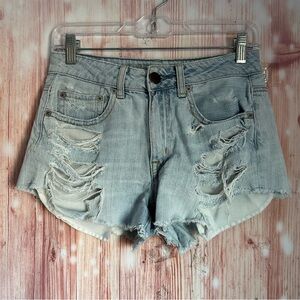 American Eagle Lightwash Denim Hi Rise Festival Distressed Frayed Hem Jean Short